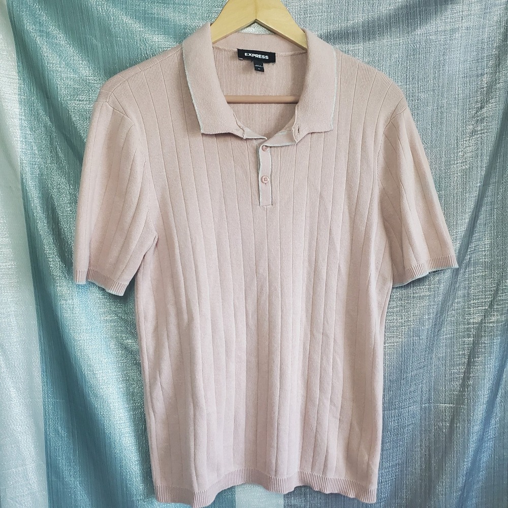 Express Mens XS Pink Ribbed Knit Polo Shirt Short Sleeve 100% Cotton Sweater Top